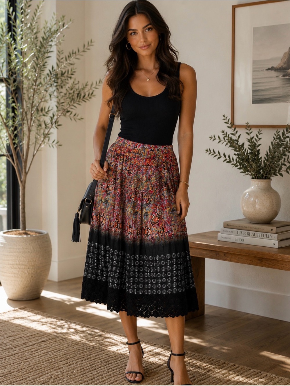 Boho Floral Border Midi Skirt in Black and Multi